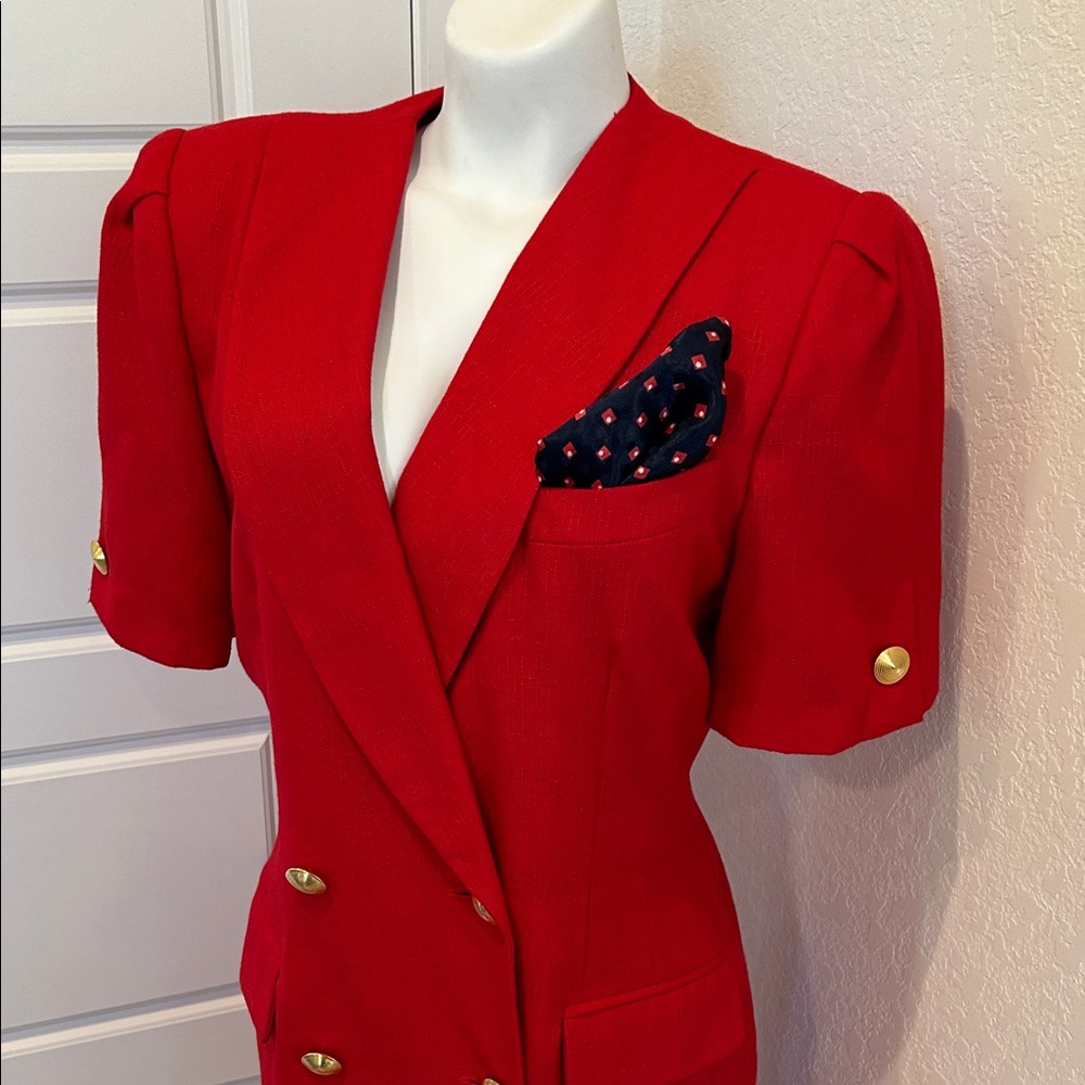 Vintage Kasper Red Double-Breasted Blazer Dress with Gold Buttons - Picture 4 of 12